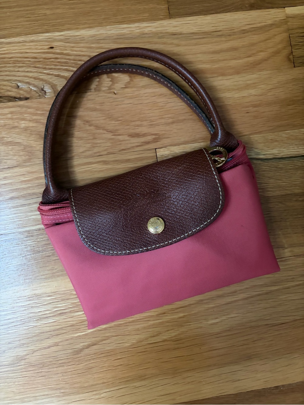 Longchamp small pink nylon mini bag with brown leather trim